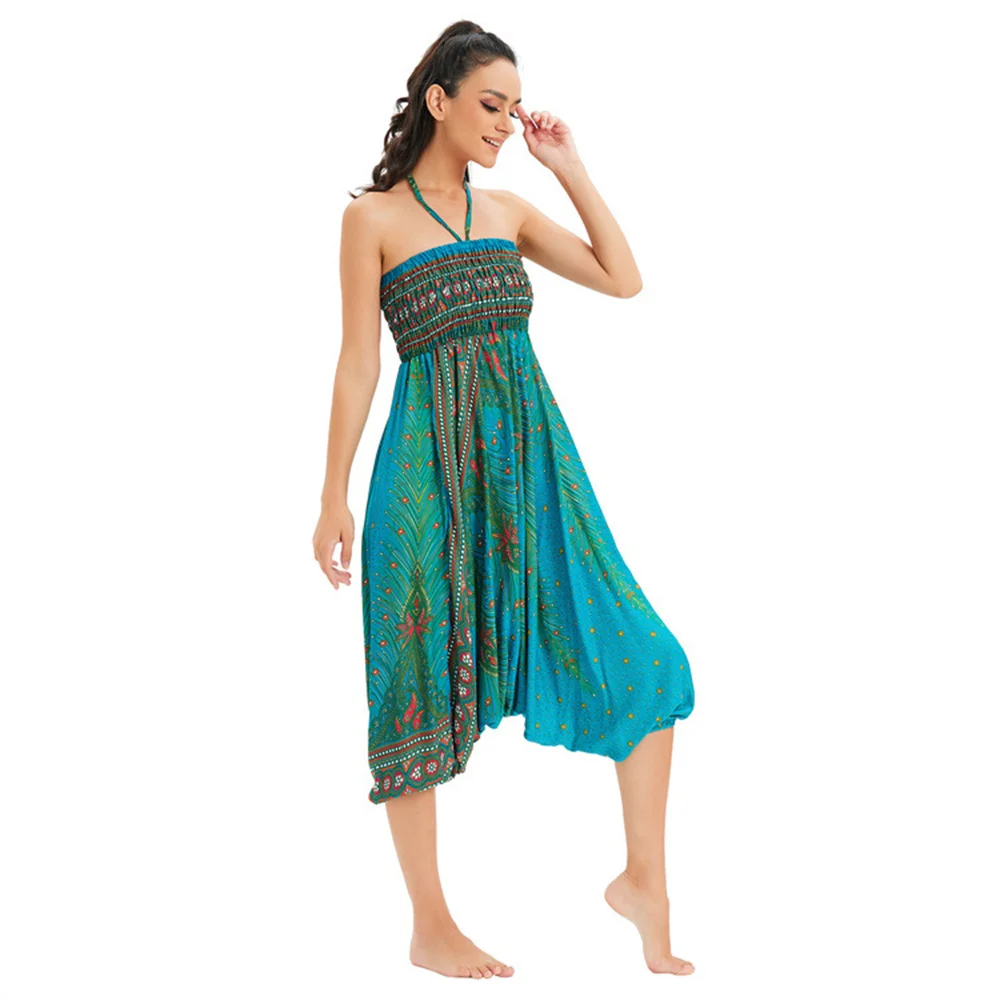 2022 Elastic High Waist Vintage Harem Big Crotch Pants Women Bohemian Floral Print Long Yoga Trousers Boho Beach Jumpsuits