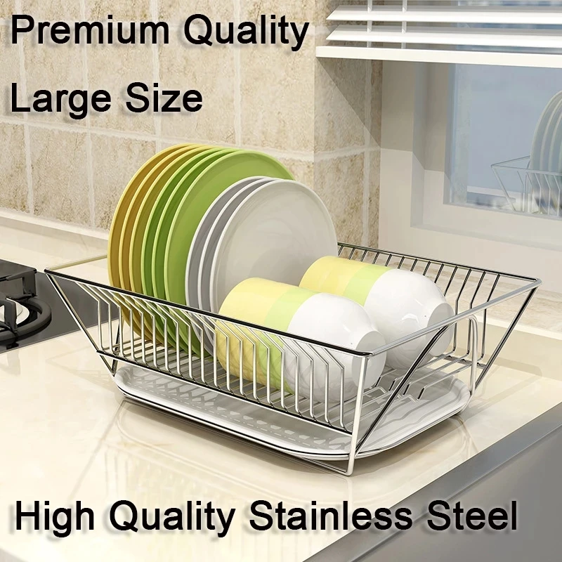 

Kitchen Dish Drying Rack with Drainboard Stainless Steel Rust Proof Countertop Tableware Organizer Counter Storage Shelf