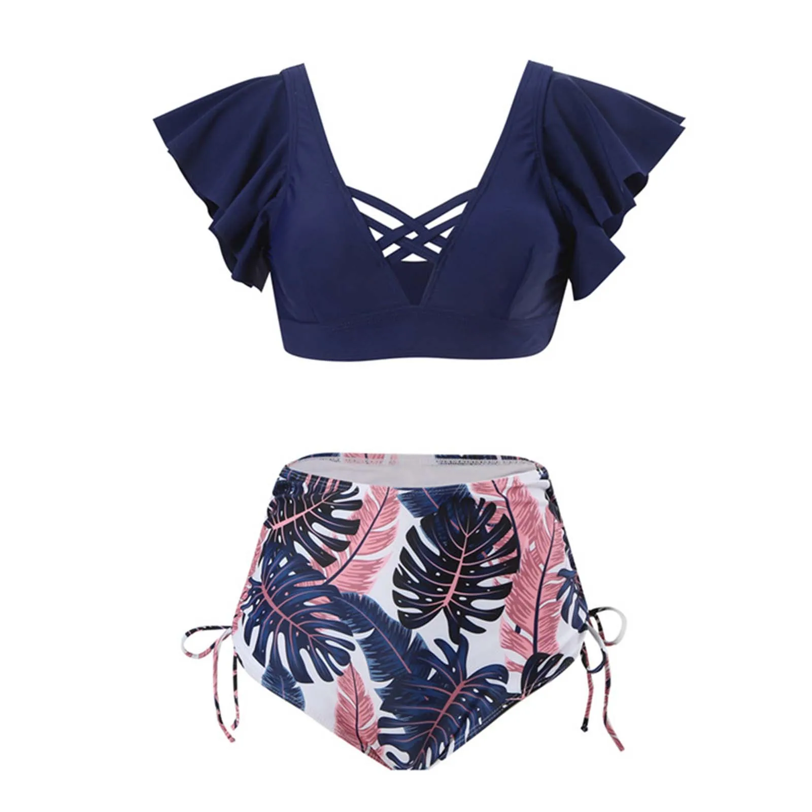 

Купальник женский с оборками, пикантный комплект бикини с принтом листьев, купальная одежда с подкладкой и высокой талией, пляжная одежда на шнуровке спереди