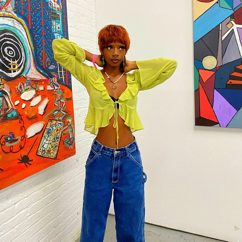 NEONBABIPINK топ с оборками и глубоким V-образным вырезом длинным рукавом зеленая сетка