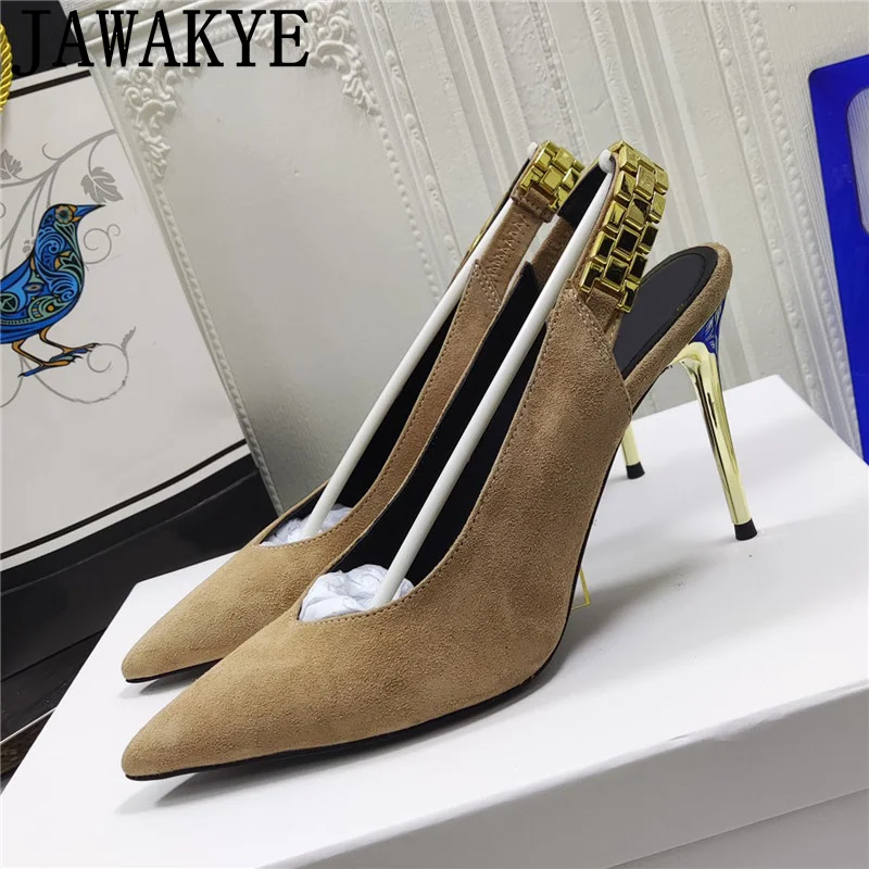 

Женские замшевые туфли на высоком каблуке-шпильке, с металлической цепочкой