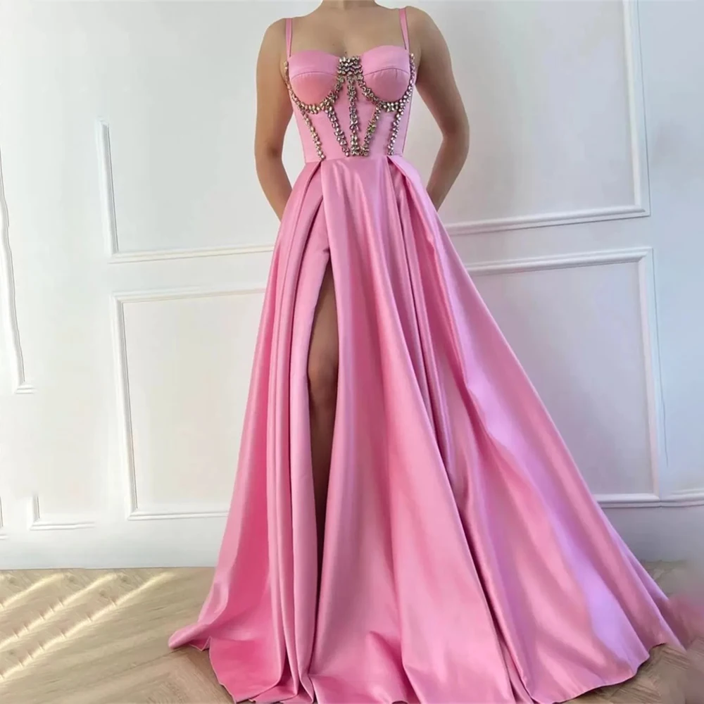 

Crystal Pink A Line Evening Dress Spring Style Strap Tailor Made Prom Party Pageant Graduation Gown Fashion Satin Robe De Mariée