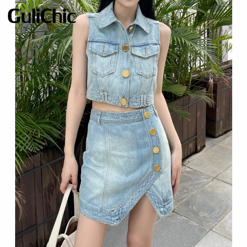 

4.18 GuliChic Women's Clothing Fashion Vintage Single Breasted Sleeveless Short Denim Waistcoat Or Washded Slim Split Skirt Set