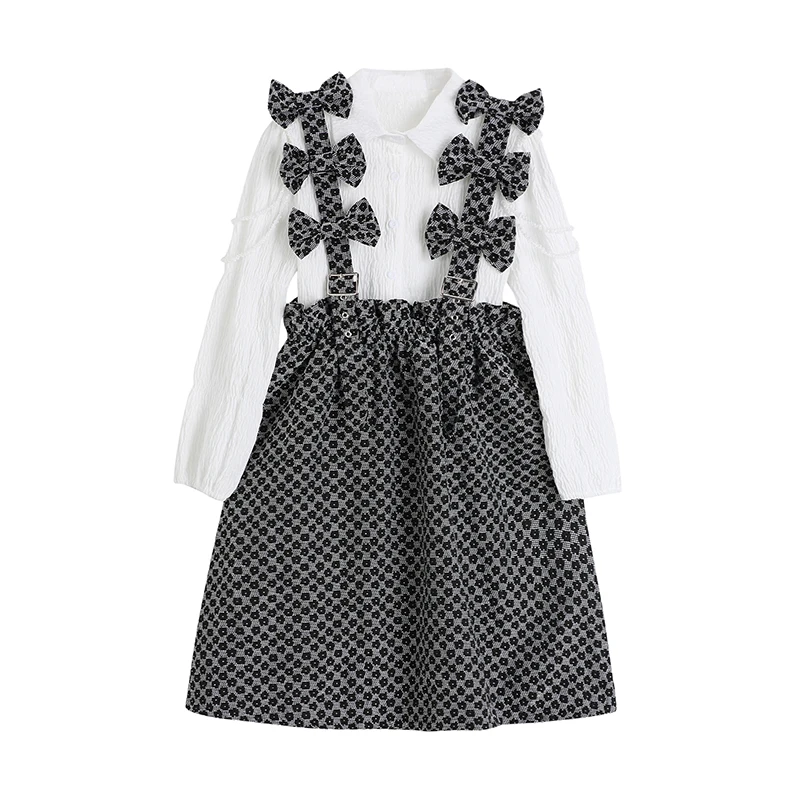 

Женский костюм во французском стиле, белая кружевная футболка с длинным рукавом и платья на бретелях-спагетти без рукавов, осень 2022