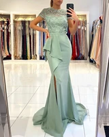 mint green mother of the bride dresses column body 2022 formal evening gowns illusion jewel neck short sleeves applique gowns