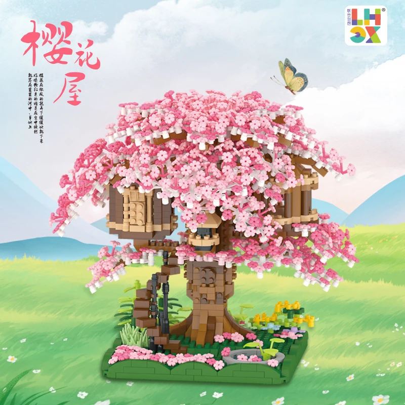 Фото 3D строительный блок Mirco Sakura Flower Treehouse, креативный уличный вид, вишневый цвет, декор «сделай сам», кирпичи, подарок на день Святого Валентина, игрушки №5
