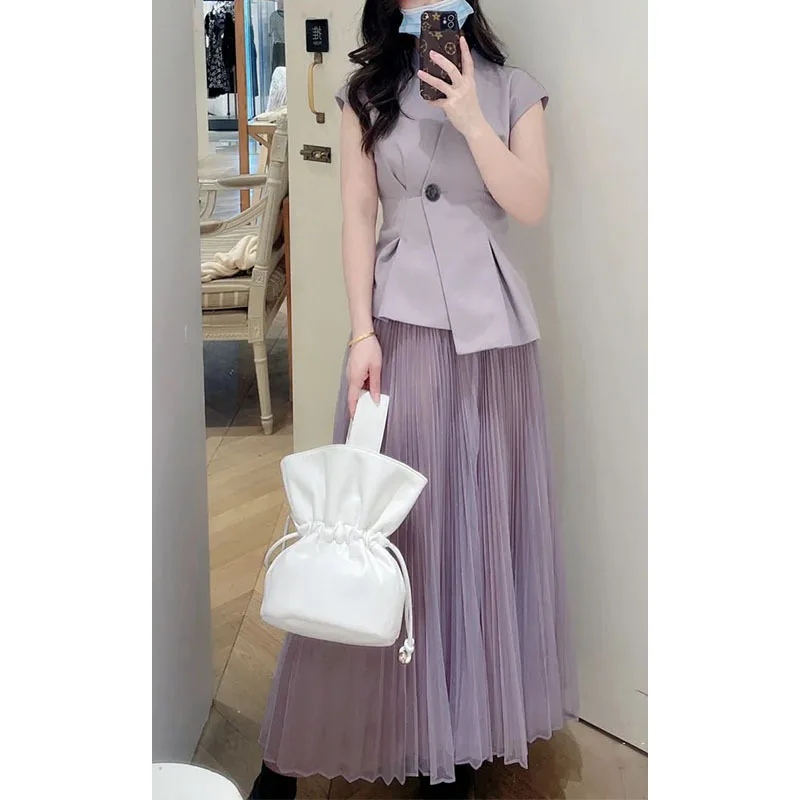 LY VAREY LIN New Summer Office Lady Two Piece Skirt Set Women V Neck Sleeveless Y2K Sets Top+high Waist A-line Pleated Skirts