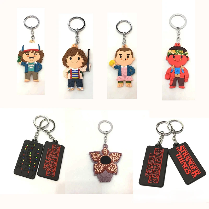 StrangerThing Season 4 Keychain Cute Rubber Toy Pendant Lights Wall Dustin Badge Keyring Jewelry Gift Props for Friends