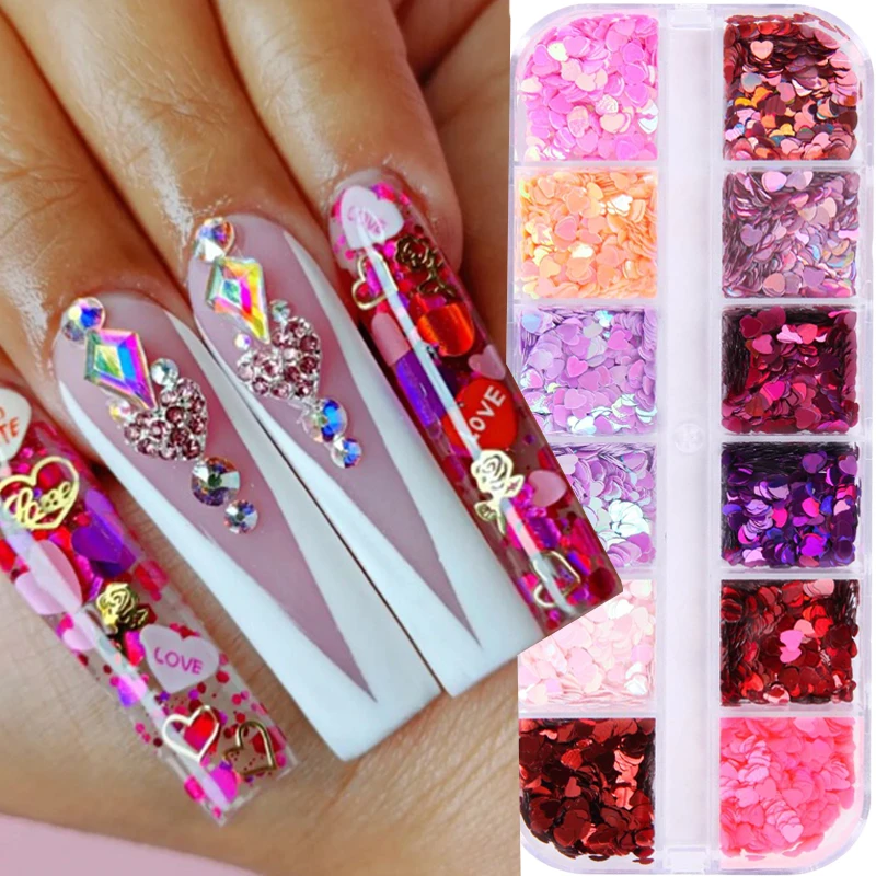 

12 Grids 3D Pink Red Love Heart Butterfly Nail Sequins Mixed Color Sparkle Nail Glitter Flakes Nail Art Decorations Accessories