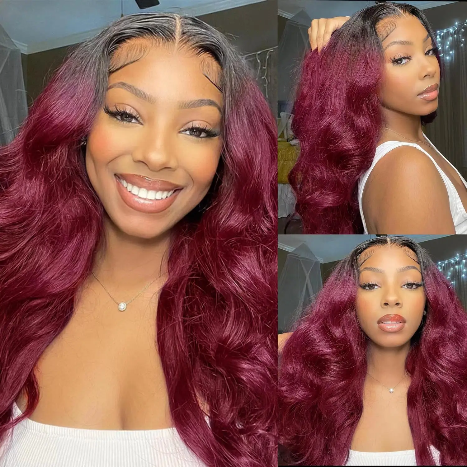 

Burgundy Body Wave Glueless Human Hair Wigs 180% Bling Hair 5x5 Omber 1B/99J Colored HD Pre Cut Lace Closure Wear and Go Wig