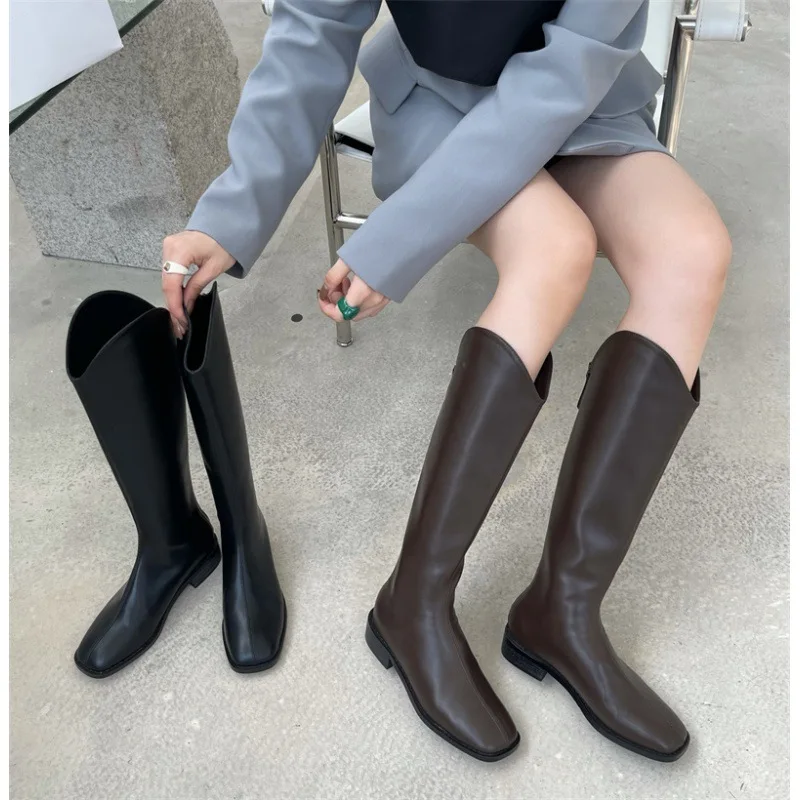 

Женские высокие сапоги без застежки, Коричневые Высокие сапоги до колена на толстом каблуке, стрейч, Осень-зима 2022