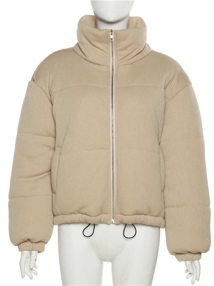 Winter Casual Stand Collar Warm Thick Zipper Grey Cotton Short Coats for Woman 2022 Fashion Ladies Khaki Puff Parkas Outwear