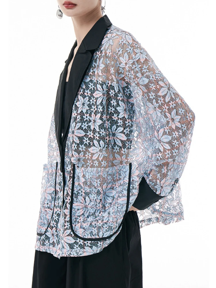 [EAM] Женский кружевной карманный повседневный пиджак большого размера новая