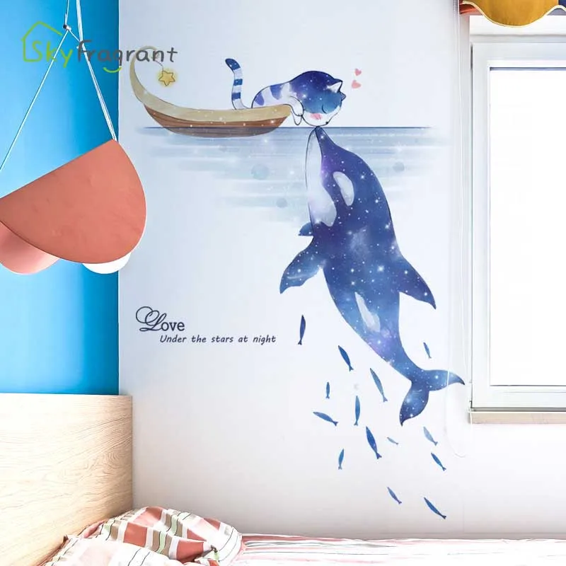 Наклейки на стену в виде мультяшного звездного неба дельфина кота наклейки для