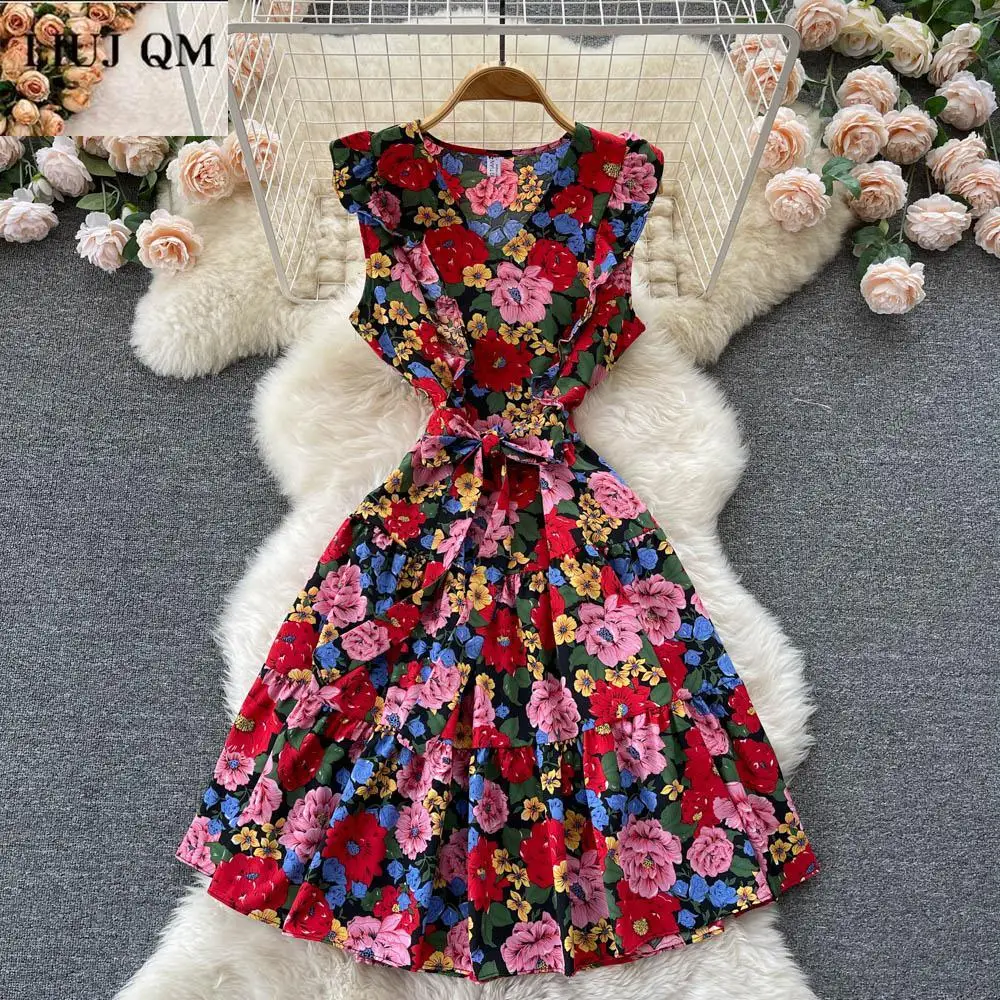 

2022 Summer Women Sleeveless Tank Short Dress V-neck Retro Floral Sweet Beach Style Holiday Mini Bandage A-line Dress Vestidos