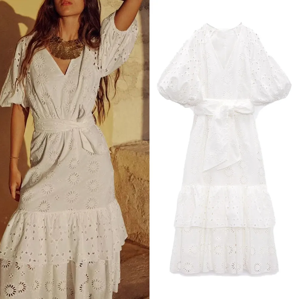 

Женское платье с V-образным вырезом и рукавами-фонариками