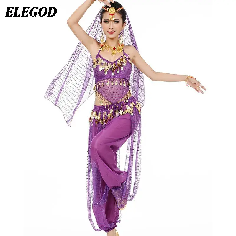 

3Pcs Belly Dance Costumes Set For Women Oriental Bellydance Indian Dance Top+Harem Pants+Head Scarf Outfit Set Bollywood Costume