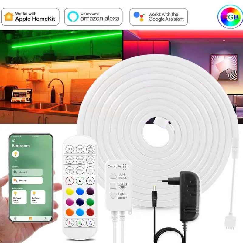 

DC12V RGB Neon Soft LED Strip Light WIFI Homekit Switch Smart Controller IR Remote For Siri Voice Control Alexa Google 1M-10M