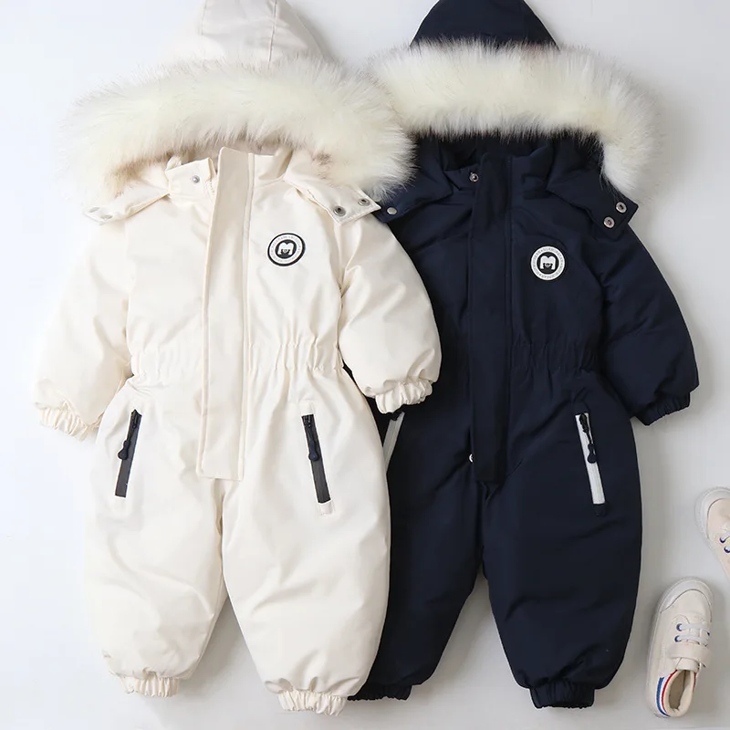 Winter New Baby Ski Suit Jumpsuit Cold-Proof Warm Solid Color Fashion All-Match One-Piece Hooded Cotton Clothes