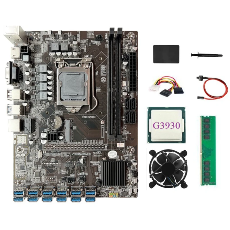 

B250C BTC Motherboard LGA1151 DDR4 8GB 2666Mhz RAM+G3930 CPU+4PIN To SATA Cable+SSD 128G+Cooling Fan12xpcie To USB3.0