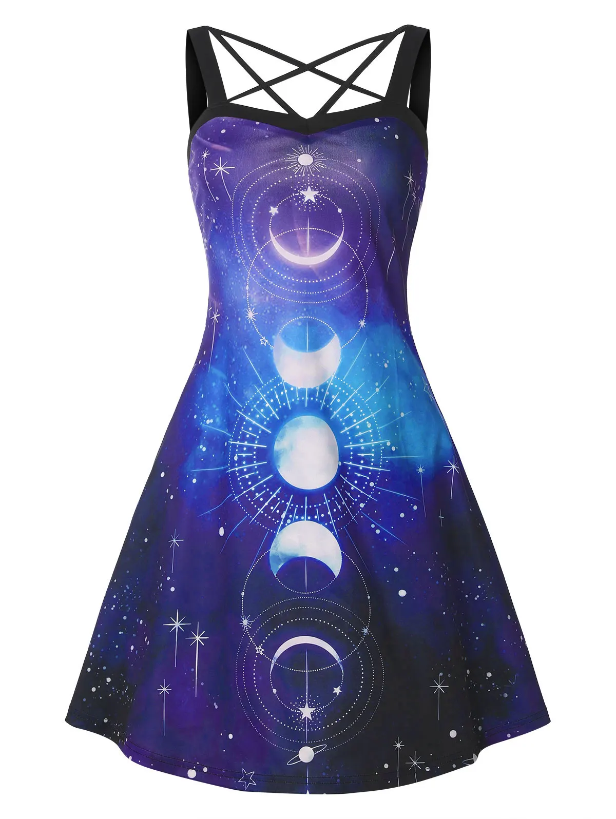 Women Moon Phase Galaxy Print Crossover Dress Casual Party A-Line Knee-Length Dresses Summer Robe New
