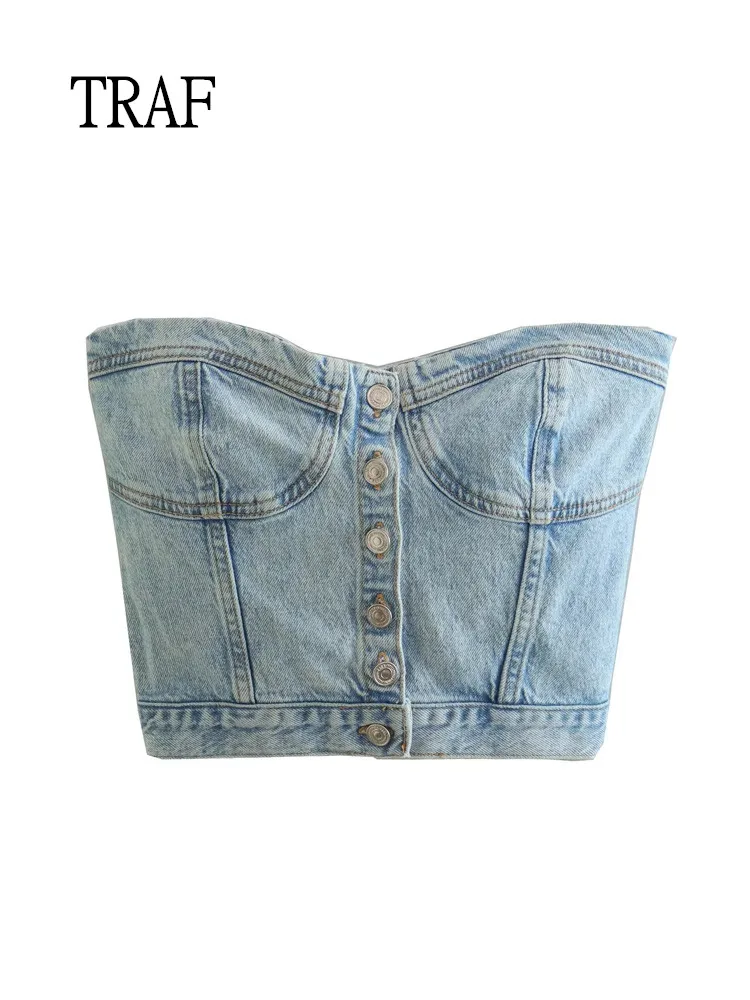 

Топ женский джинсовый короткий, однобортный, с открытой спиной, Y2k