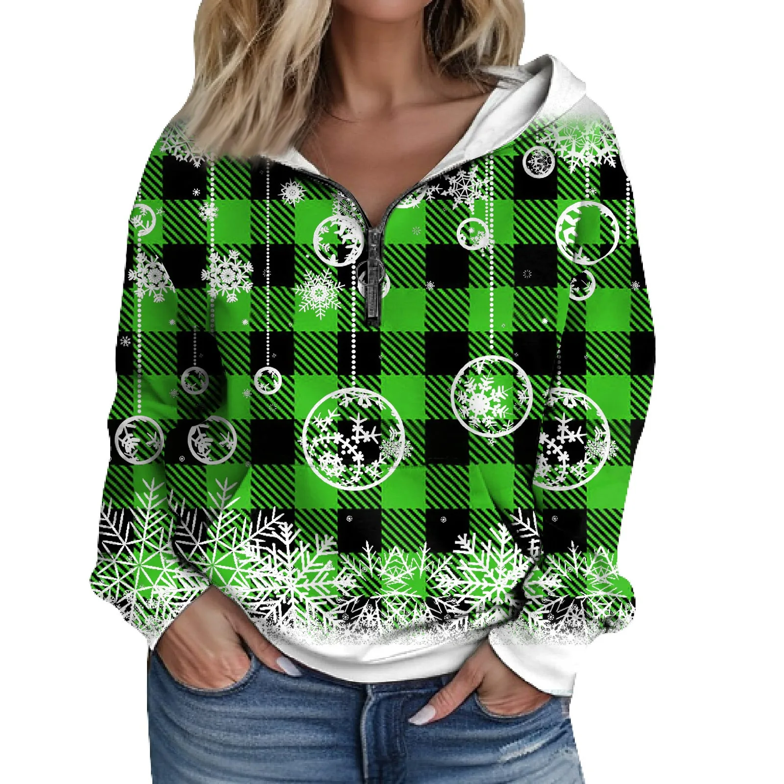 

Женская толстовка с капюшоном с рождественским принтом, Свитшот в клетку с длинным рукавом, Женский Осенний свитшот с рождественским узором в виде снежинок
