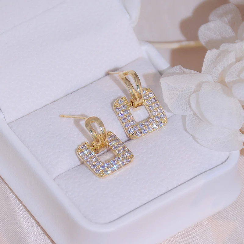 

Korea S925 Silver Needle Square Earrings Women's Geometric Flash Diamond Micro-set Zircon 14k Real Gold Fashion Earrings Women