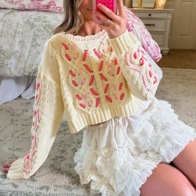 Y2k винтажные пуловеры с круглым вырезом топы свитер лентой контрастного цвета