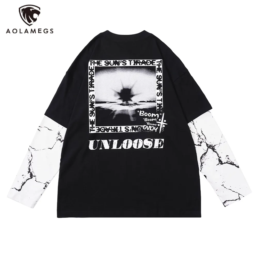 

Streetwear Men Long Sleeve Tshirts False Two Splicing Tshirt Explosion Graphic High Street Gothic Tees Casual Harajuku Male Tops