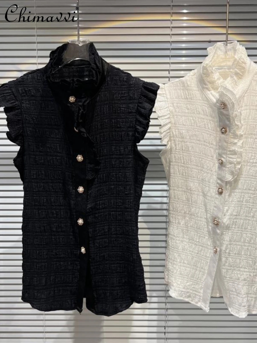 

Женская однобортная рубашка без рукавов, модная плиссированная блузка с жемчужным цветочным принтом и пряжкой на воротнике, лето 2022