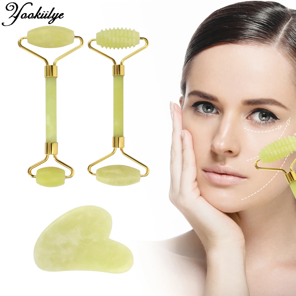 

Натуральный Нефритовый камень, роликовый Набор для лица Gua Sha, массажер для лица, тела, шеи, лифтинга, для похудения, средства для красоты и зд...