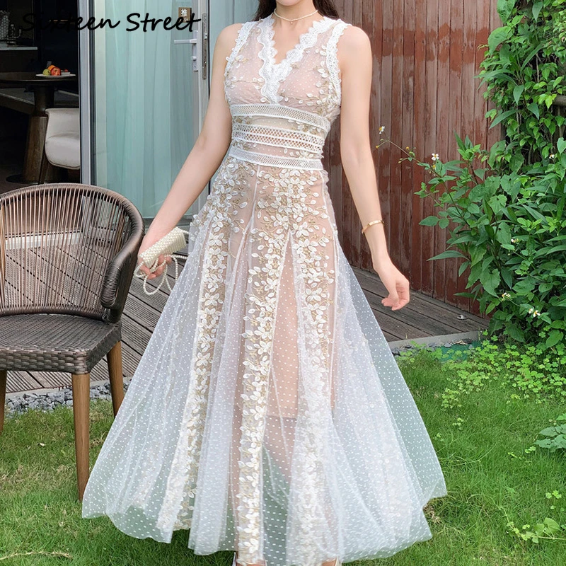 

High Quality Lace Mesh Embroidery High Waist White New Summer Maxi Dresses for Women Y2k Aesthetic Elegant Korean Style 2022