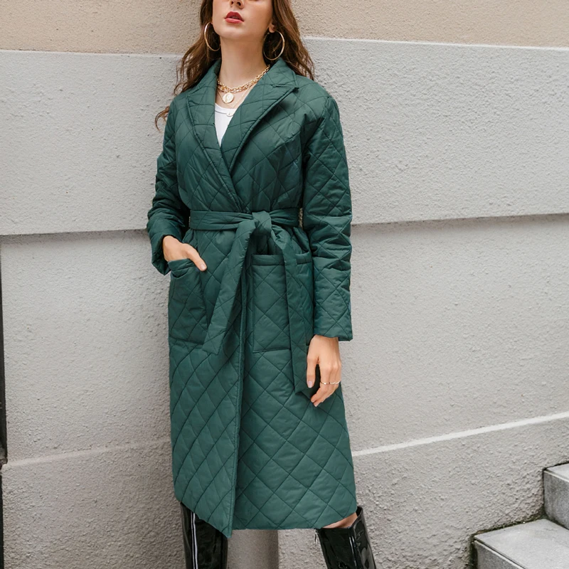 Long Straight Winter Coat with Rhombus Pattern Casual Sashes Women Parkas Deep Pockets Tailored Collar Stylish New Outerwear