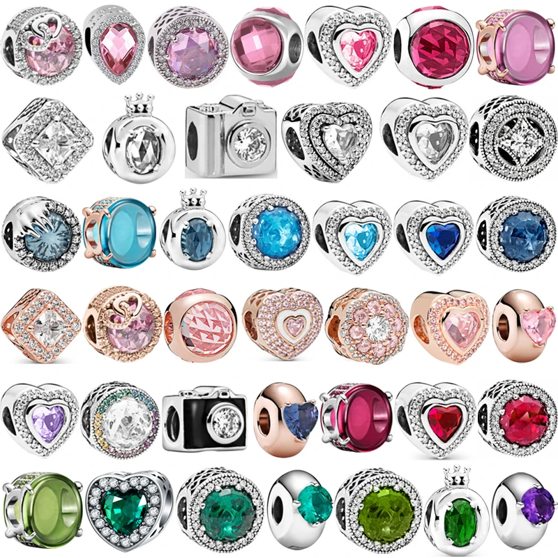 

Fashion Colorful Pink Red Green Blue Large Zircon Crown Beads Fit Original Pandora Charms Silver Color Bracelets Women Jewelrys