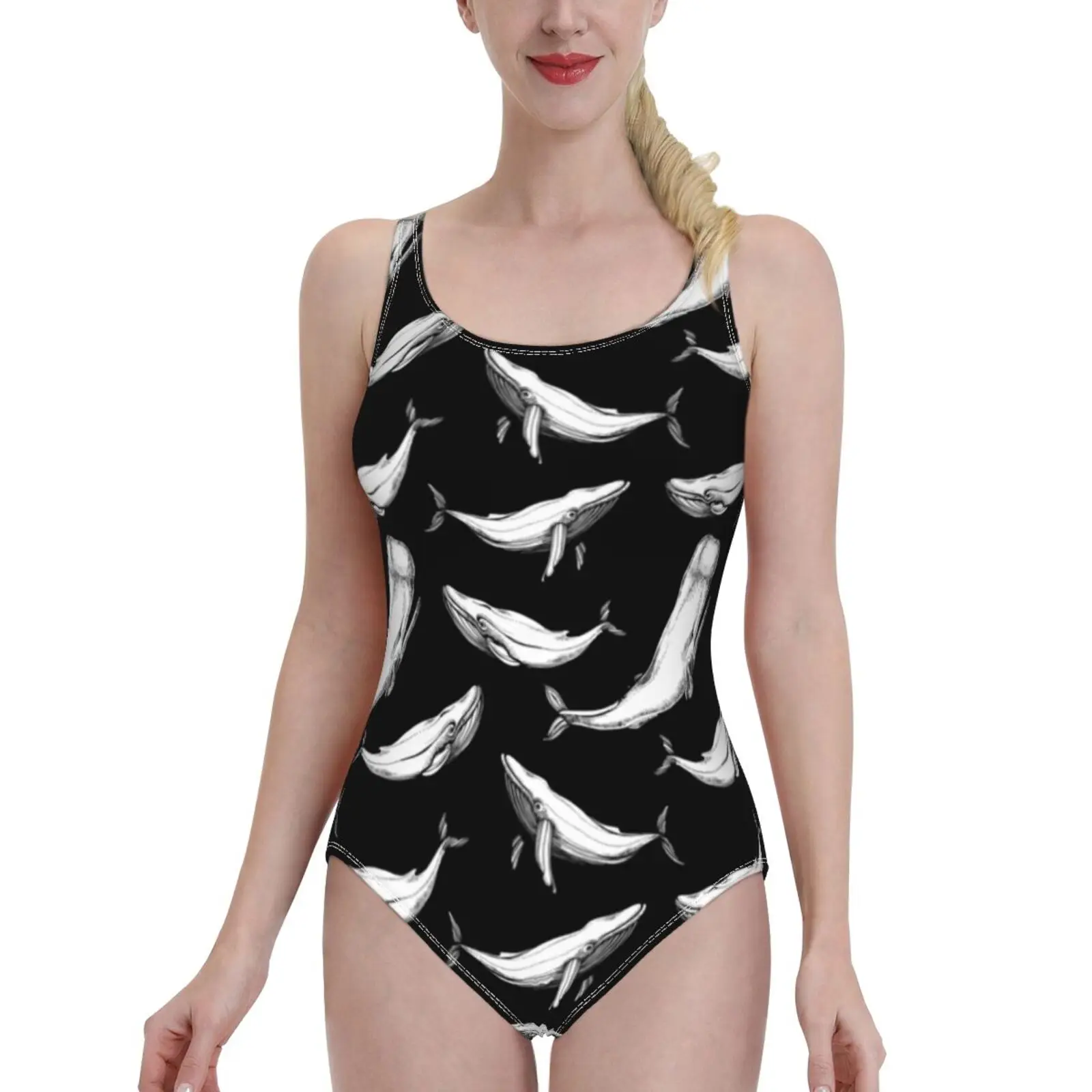 

Купальник женский сплошной с принтом киты в черном цвете, пикантный классический боди с открытой спиной, пляжная одежда для купания, бесшов...