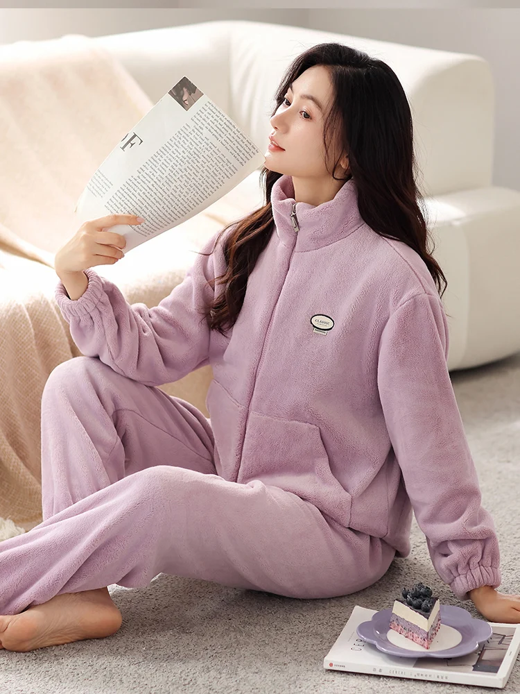  Пижамы из кораллового флиса женские осенние и зимние утолщенные фланелевые