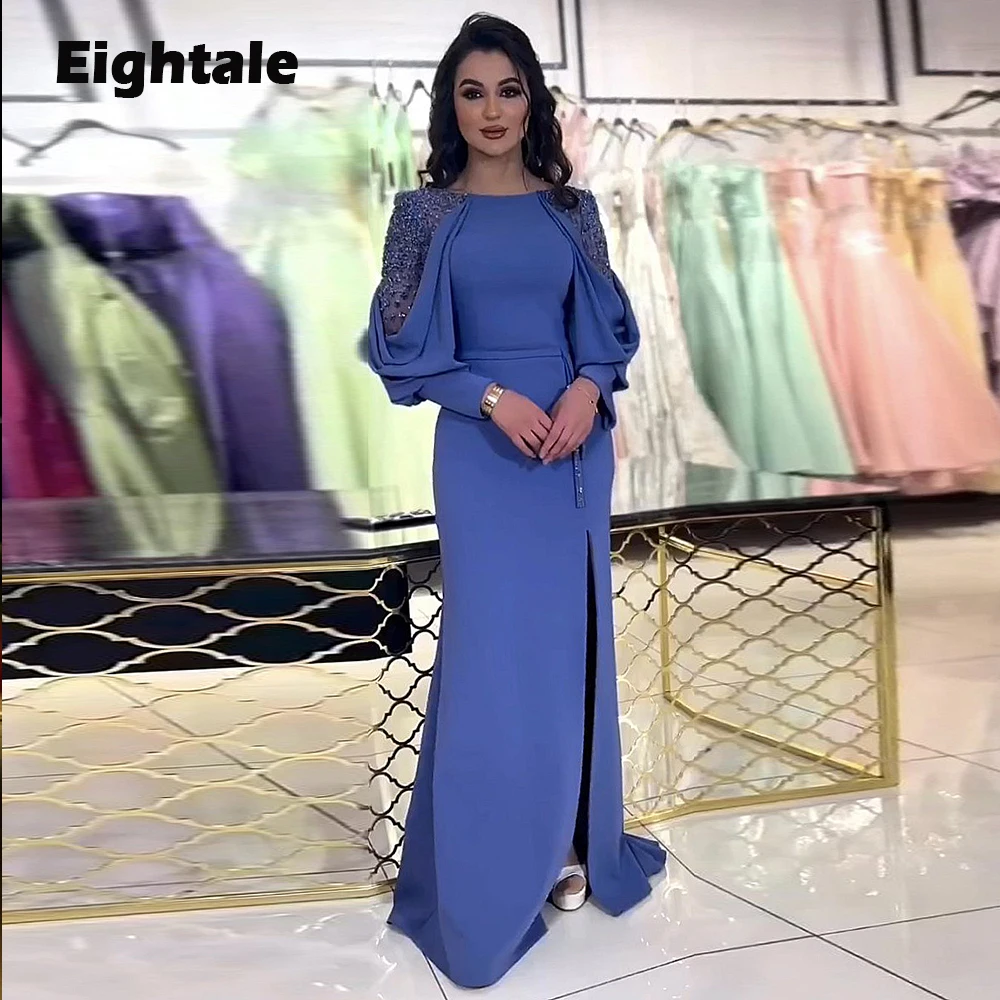 

Eightale Blue Evening Dresses Women O-Neck Beaded Mermaid Prom Gown Long Sleeves Arabic Party Celebrity abendkleid damen lang