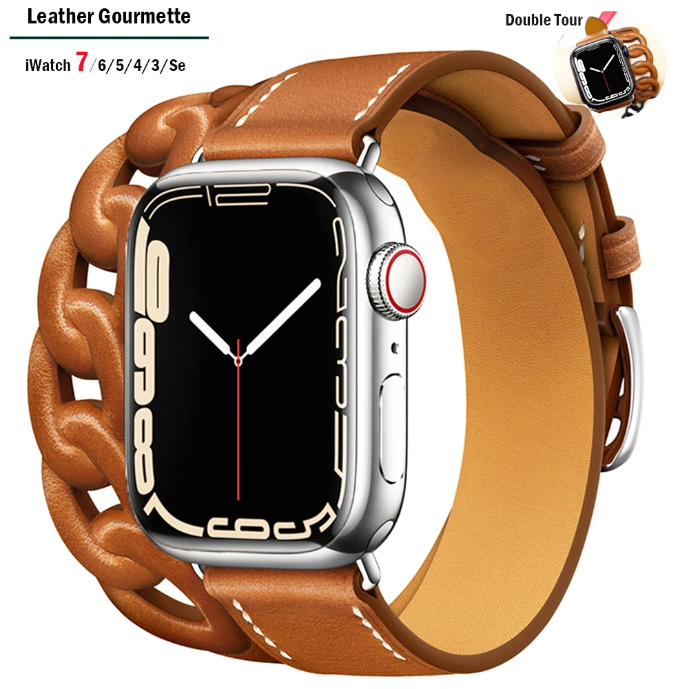 

Leather Gourmette Double Tour Strap For Apple Watch series 7 band 45mm/41mm correa 42/38mm bracelet iwatch 6 5 4 3 Se 44mm 40mm