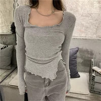 long sleeve t shirts women fungus line irregular hem knitted slender autumn korean style crop tops sexy solid tee 2022