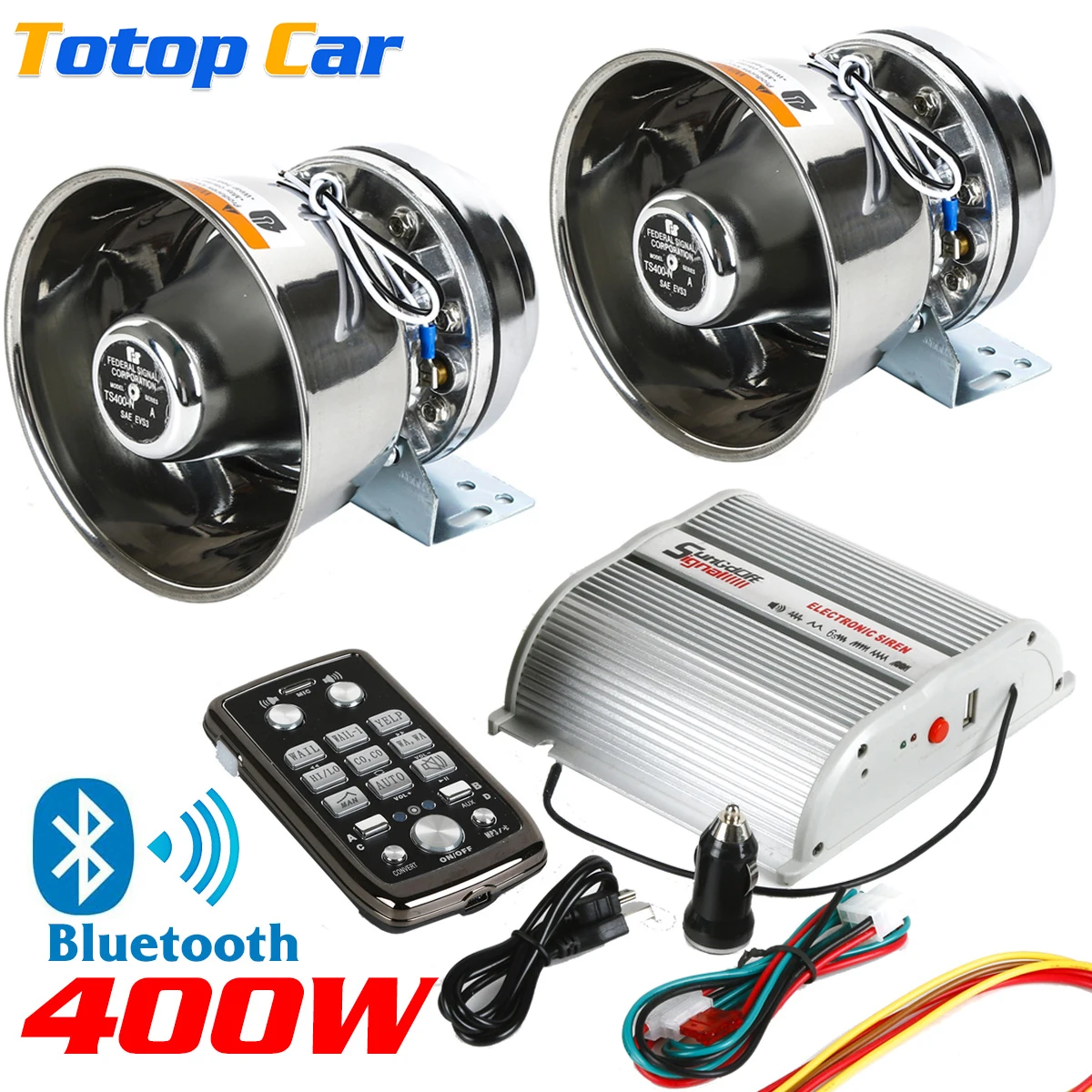 400W Car Loud Sound Speaker, 12V Megaphone Electronic Speaker PA Siren Horn Alarm System Police Fire Kit with Bluetooth Function