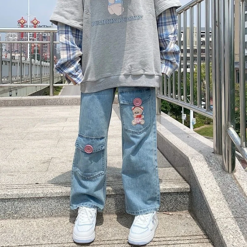 

HOUZHOU Kawaii Harajuku Jeans Women Embroidery Japan Preppy Style Denim Pants Sweet Cute Trousers Loose Baggy Student Vintage