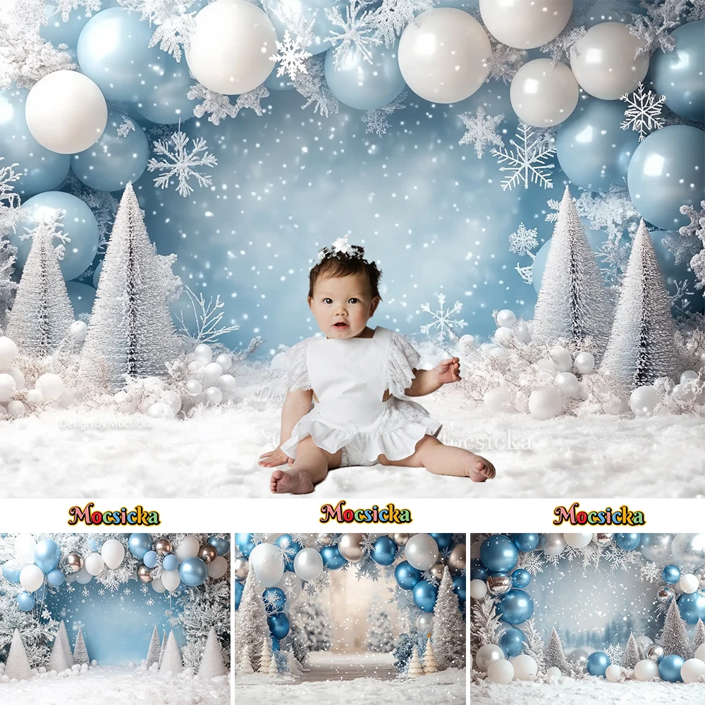 Зимний фон для фотосъемки детей на день рождения Синий воздушный шар белый