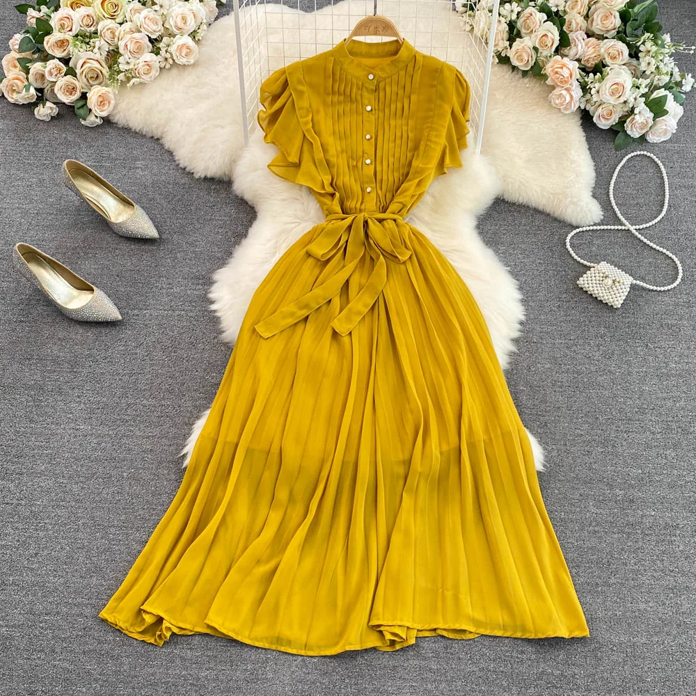 

Korean Style Summer Chic Round Neck Waistband A-line Pleated Chiffon Dress Light Mature Style Large Swing Long Skirt