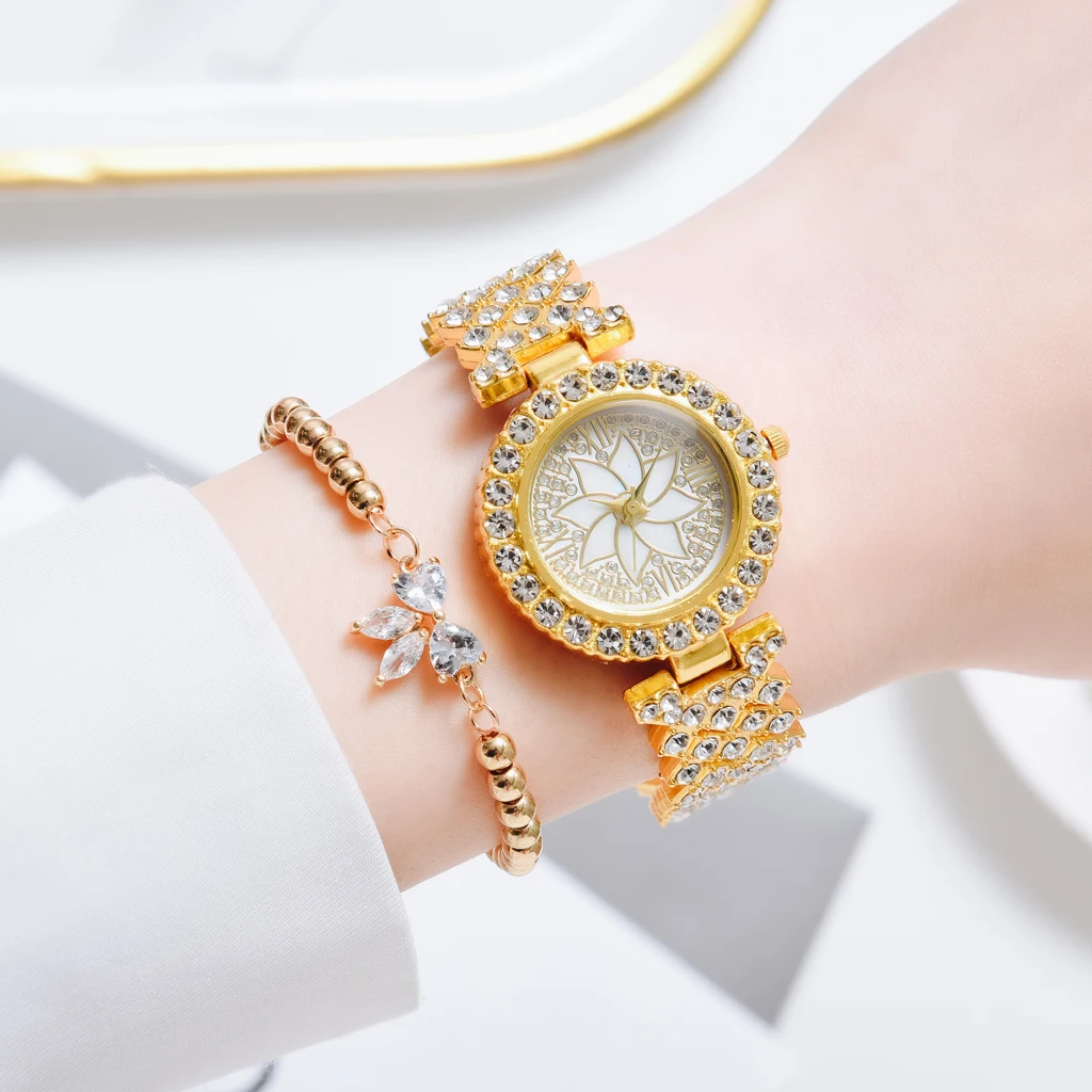 

Dropshipping New Fashion Watch For Women Luxury Diamond Flower Rhinestone Watch Ladies Quartz Wrist Watch Bracelet Reloj Mujer