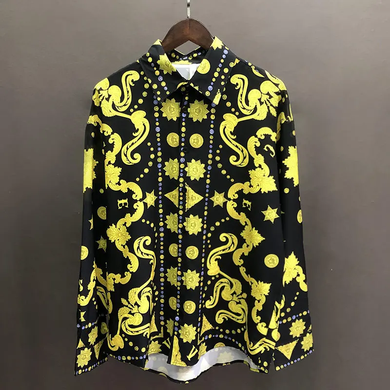 

Роскошная королевская рубашка с золотым принтом 2023, Мужская Дизайнерская рубашка с длинным рукавом и цветочным принтом в стиле барокко, Мужская винтажная Классическая Банкетная сувенирная рубашка