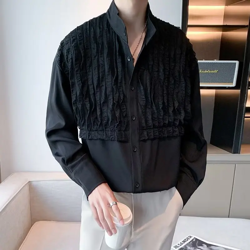 Autumn Patchwork Shirts Men Long Sleeve Loose Casual Stand Collar Shirt Designer Style Social Tuxedo Couple Blouse Streetwear