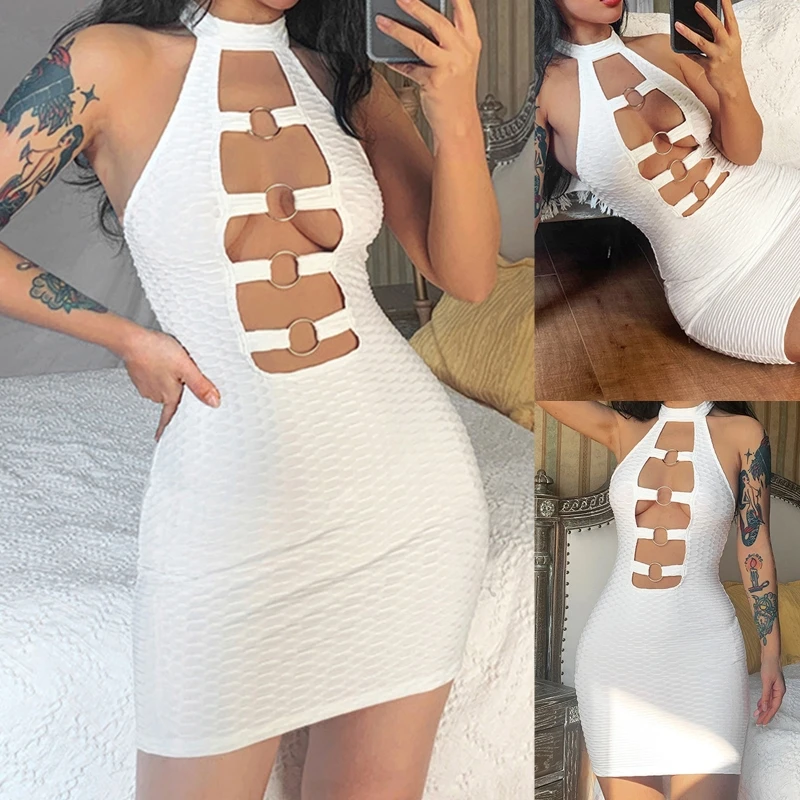 

Women Summer Sexy Sleeveless Halter Ruched Mini Bodycon Dress Hollow Out Metal O-Ring Front Backless Package Hip Clubwear