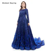 Luxury Royal Blue Glitter Sequined Evening Dresses 2022 New Arrival Formal Long Sleeves Feather Party Prom Gowns