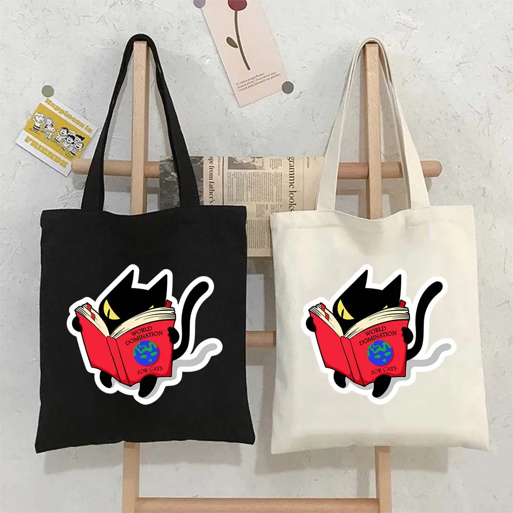 

Tote Bags for Women Cute Black Cat Reading World Domination Book Canvas Shopping Beach Bag Large Capacity Reusable Handbags